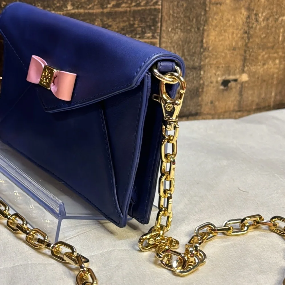 Tory Burch Blue Leather Mini Crossbody with Pink Bow and Gold Chain
